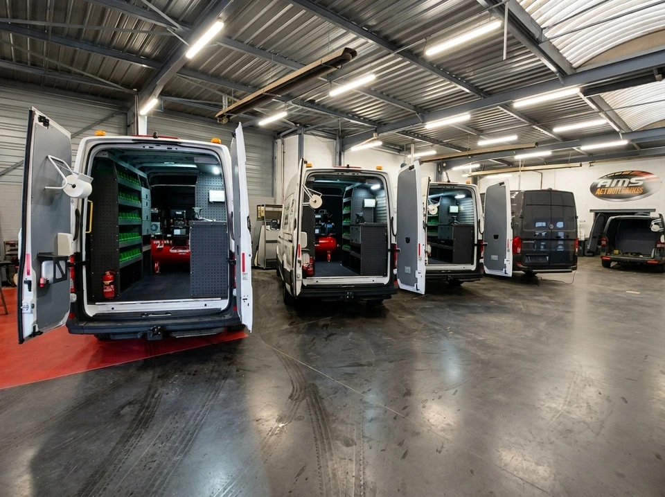 Atelier professionnel avec plusieurs fourgons Mercedes-Benz Sprinter blancs, portes arrière ouvertes, aménagés en véhicules d'intervention mobile