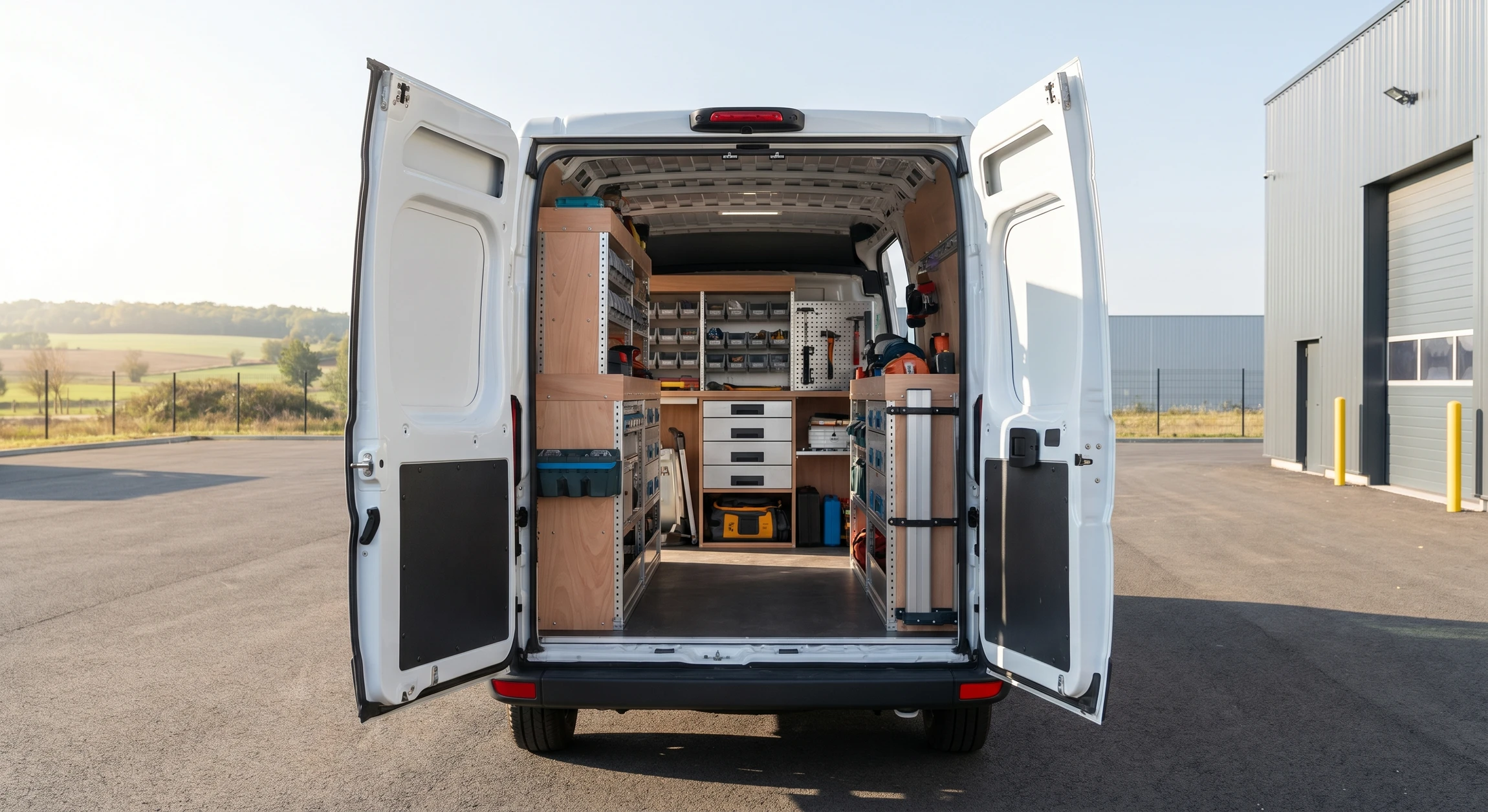 Photographie professionnelle intérieure d'un fourgon aménagé ouvert, montrant des rangements modulables en bois et métal soigneusement organisés, avec des outils et équipements professionnels rangés de manière fonctionnelle. La lumière naturelle entre par l'arrière ouvert du véhicule, mettant en évidence la qualité de l'aménagement intérieur personnalisé et le professionnalisme de la réalisation.