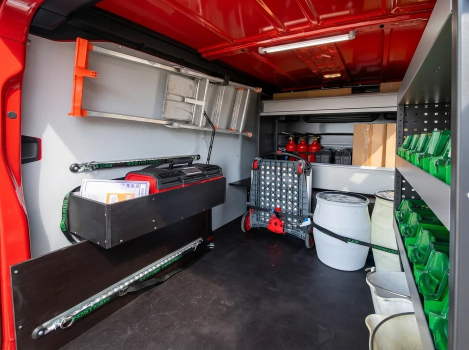 Intérieur aménagé d'un véhicule utilitaire rouge, vue depuis les portes arrières ouvertes