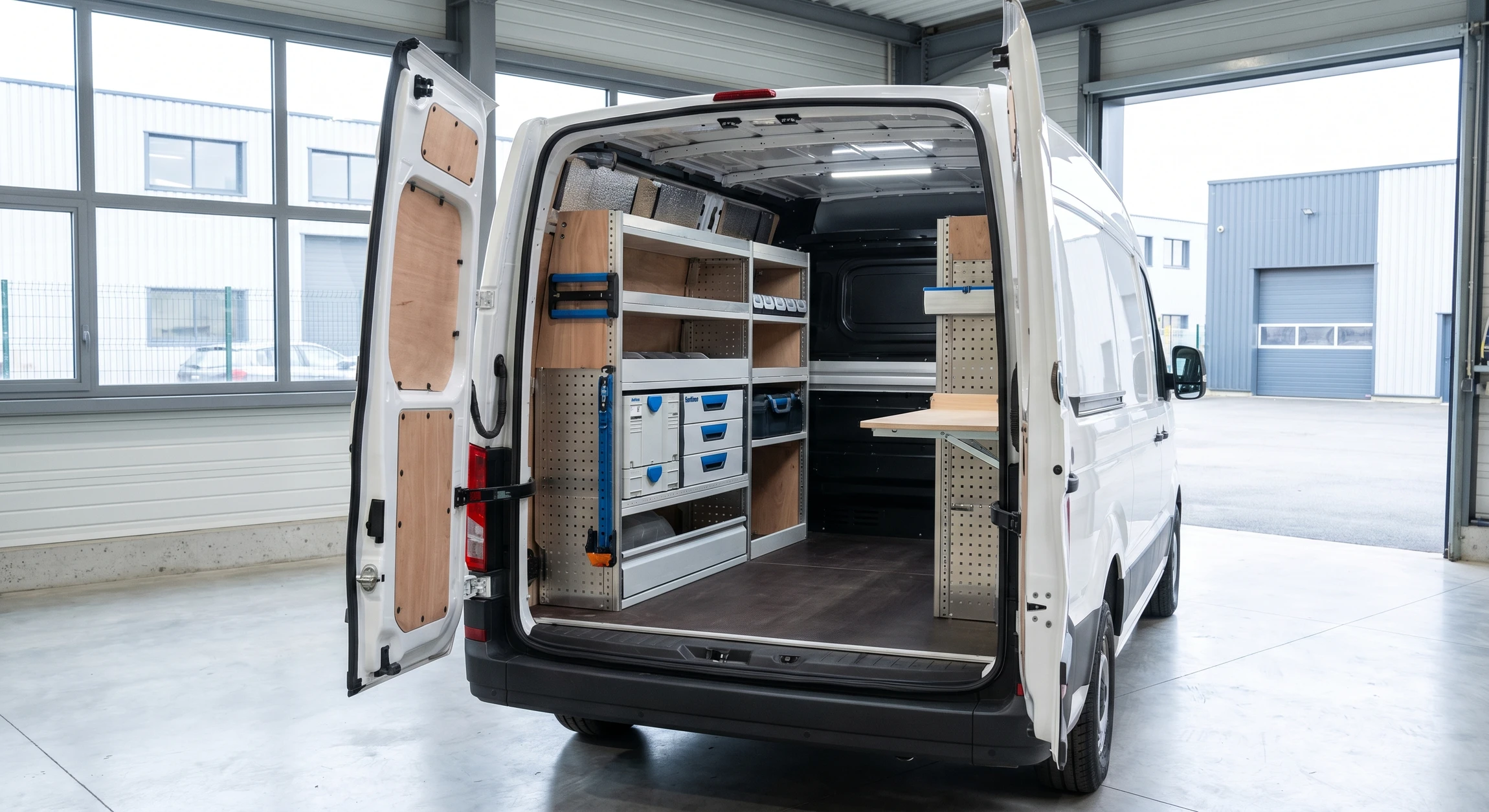 Photographie d'un fourgon utilitaire blanc ouvert, montrant l'intérieur entièrement aménagé avec des rangements personnalisés en bois et métal, équipements d'arrimage visibles, isolation intérieure, organisation modulable des espaces de stockage, éclairage professionnel visible, plan légèrement en plongée permettant d'admirer la complétude de l'aménagement intérieur, sans personne visible, lumière naturelle du jour.