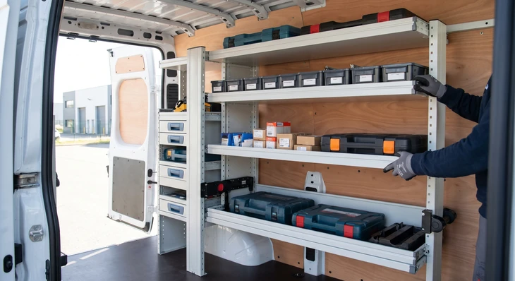 Intérieur d'un fourgon de déménagement avec portes arrière ouvertes