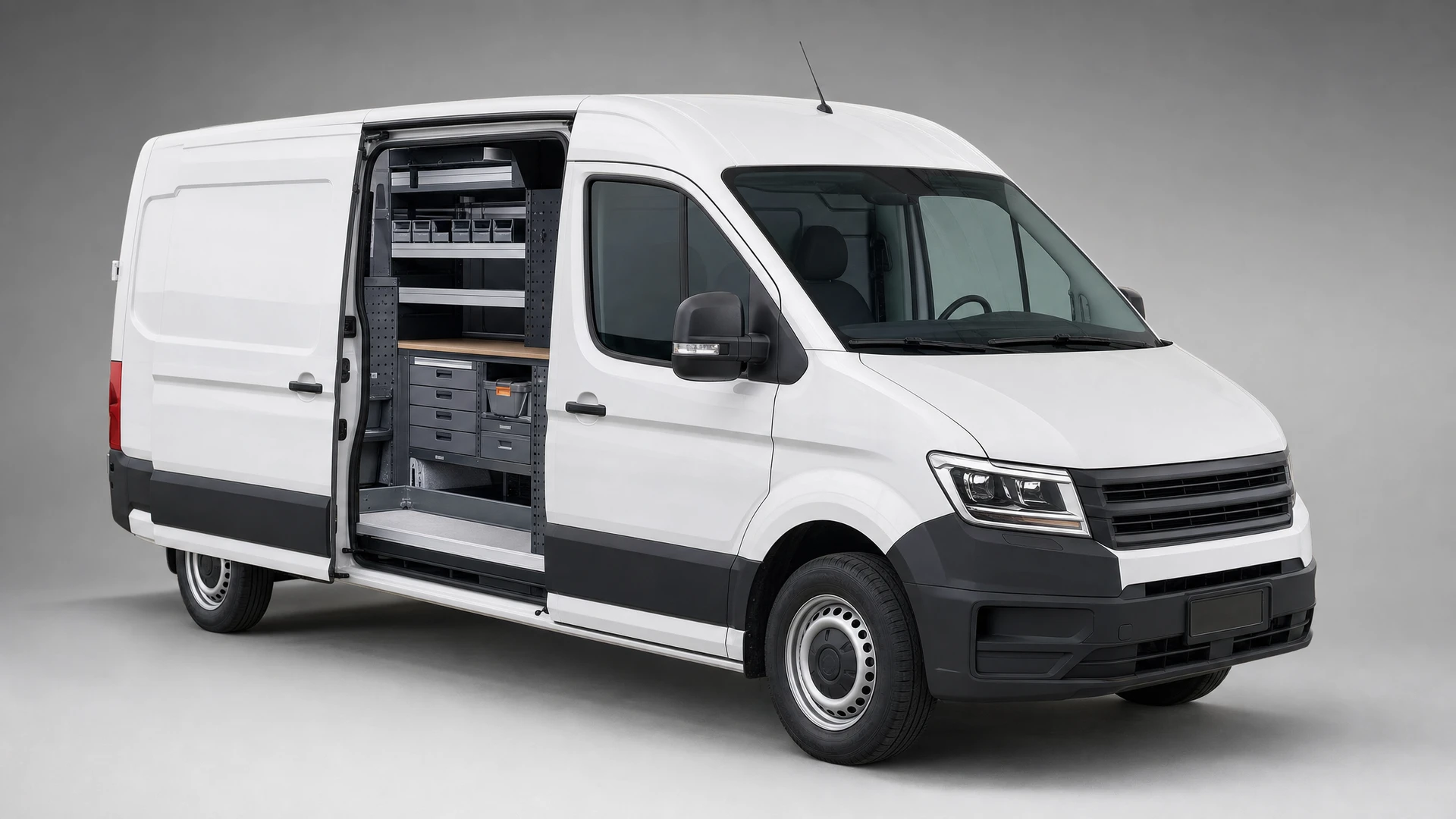 Photographie de l'intérieur d'une cabine de camion ou fourgon utilitaire, montrant un aménagement professionnel avec rangements intégrés, habillage des parois en panneaux de rangement modulables, isolation visible, et éventuellement des équipements de sécurité. La cabine doit présenter une profondeur aménagée, avec des solutions de stockage organisées (casiers, étagères ou systèmes de rangement). Vue de face ou légèrement en angle pour montrer la profondeur et fonctionnalité de l'aménagement. Éclairage naturel ou LED intérieur visible. Pas de personne présente.