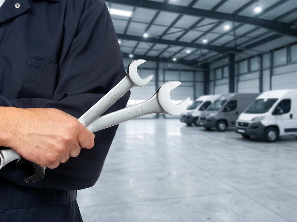 Atelier automobile avec mécanicien tenant des clés plates dans un garage professionnel