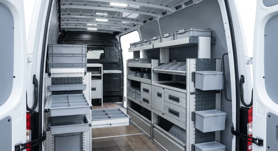 Photographie professionnelle d'un intérieur de fourgon utilitaire complètement aménagé avec rangements modulables bien organisés, équipements intégrés et surfaces de travail fonctionnelles. La vue doit montrer la qualité du travail d'aménagement, avec des matériaux de qualité professionnelle et une organisation intelligente de l'espace. La photo doit être prise dans un fourgon réel, photographié en conditions d'éclairage professionnel, montrant le résultat final d'un projet d'aménagement complet "clés en main".
