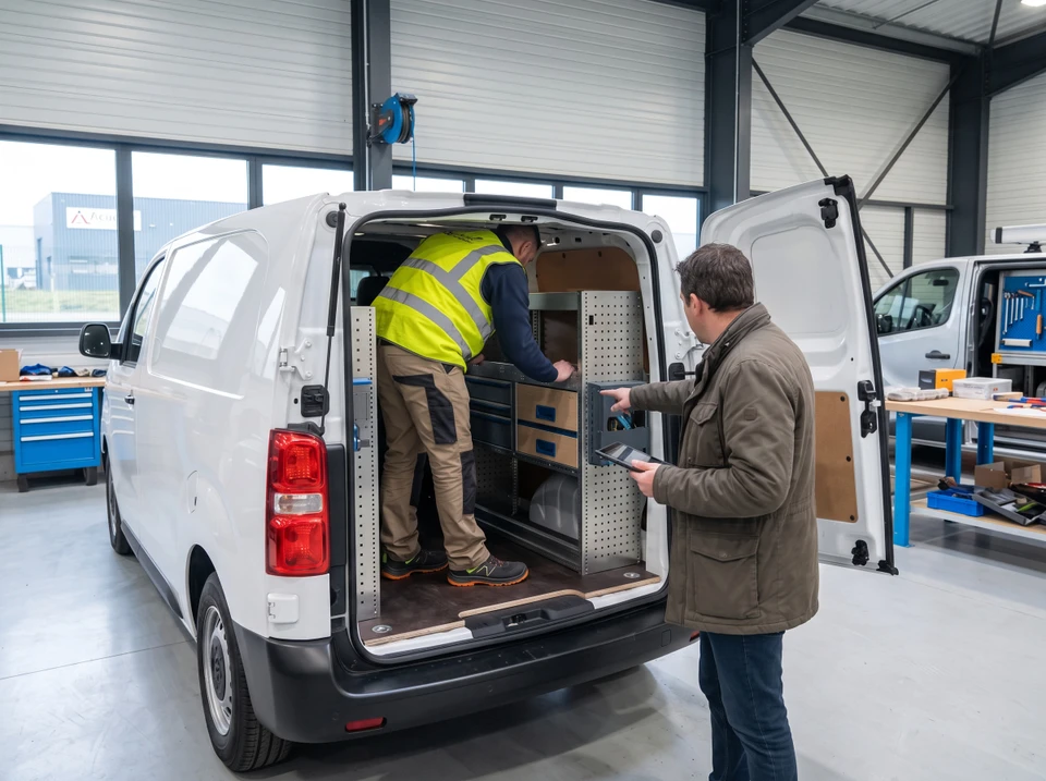 Photographie d'un technicien aménageur en train de travailler sur l'intérieur d'un fourgon utilitaire blanc, effectuant des ajustements de rangements modulables ou d'habillage intérieur. Un client ou un second professionnel est présent à ses côtés, visualisant les modifications en cours. L'environnement montre clairement un atelier ou un espace de travail professionnel, avec des outils, du matériel d'aménagement visible, mettant l'accent sur l'aspect personnalisé et collaboratif du processus d'aménagement.