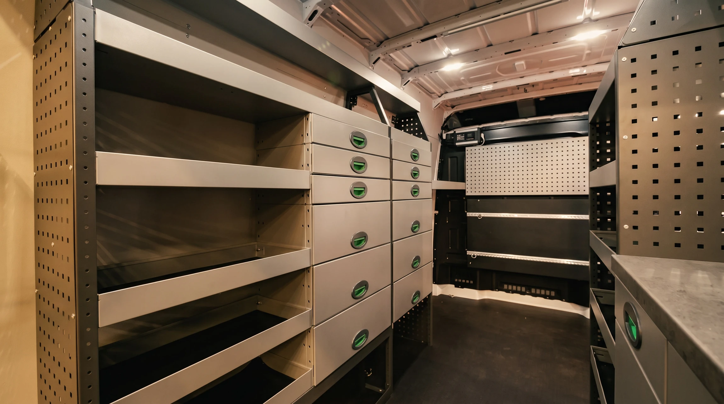 Photographie professionnelle de l'intérieur d'un fourgon blanc aménagé, montrant des rangements modulables en métal et bois bien organisés, avec des étagères, tiroirs et systèmes de stockage intégrés aux parois latérales et à l'arrière du véhicule. La vue montre clairement l'espace de travail fonctionnel et ergonomique destiné aux artisans, avec des outils rangés de manière ordonnée, une bonne utilisation verticale de l'espace, et une organisation professionnelle typique d'une solution d'aménagement pour véhicule utilitaire.