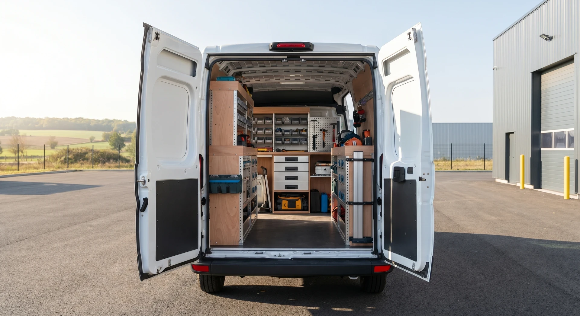 Photographie professionnelle de l'intérieur d'un fourgon ou van aménagé par Auto Multi Services, montrant des rangements modulables bien organisés, un habillage intérieur soigné avec détails de finition en bois ou métal, une bonne utilisation de l'espace et l'équipement fonctionnel du véhicule, capturant la qualité et la personnalisation du travail d'aménagement.